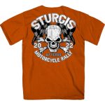 2022 Sturgis Motorcycle Rally SPB1011 Men’s Skull And Checkered Flag Orange T-Shirt - Image 3