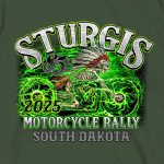 2025 Sturgis Motorcycle Rally Skeleton Chief Military Green Men’s T-Shirt - Image 4