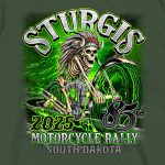 2025 Sturgis Motorcycle Rally Skeleton Chief Military Green Men’s T-Shirt - Image 5