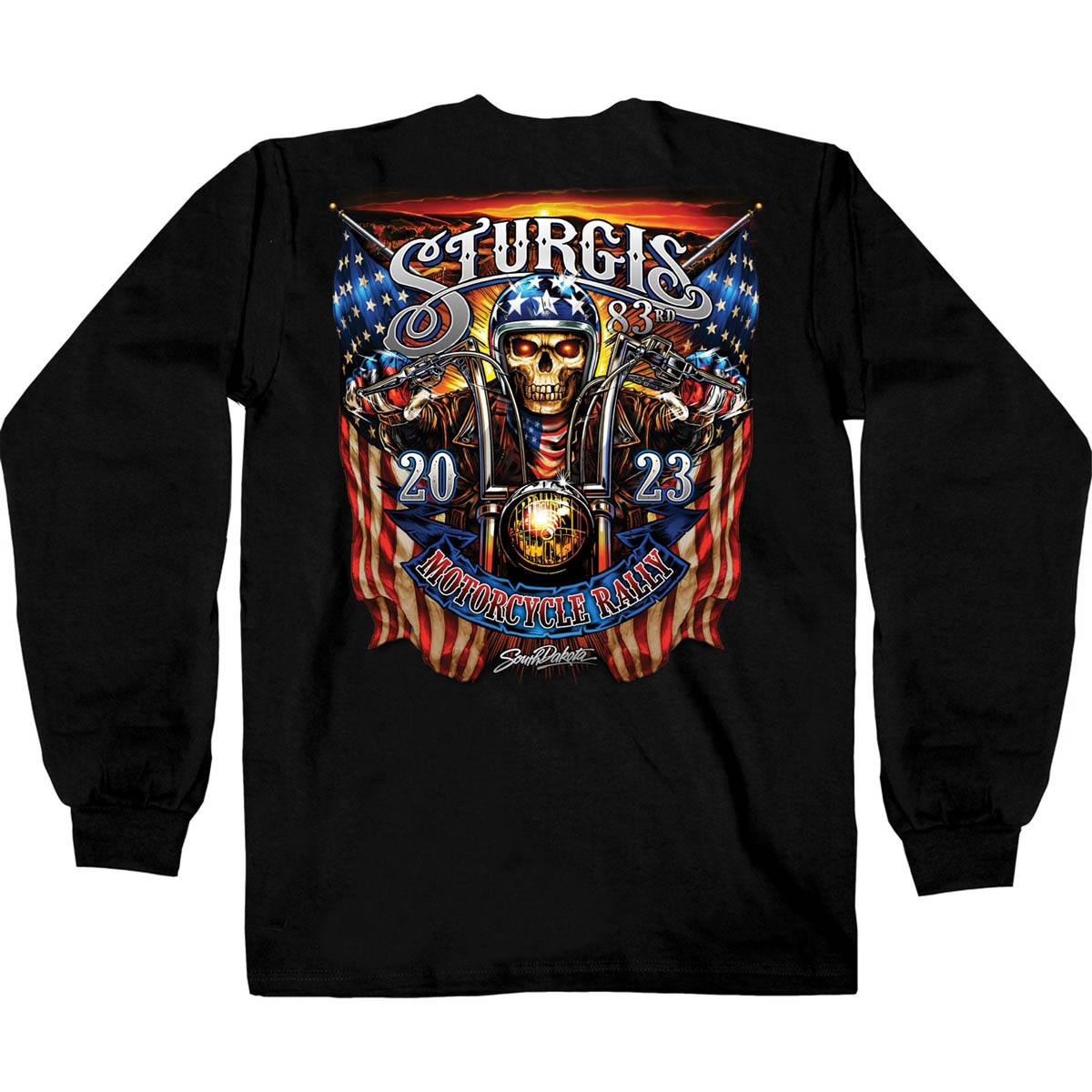 Hot Leathers SPB2067 Men’s Black 2023 Sturgis Motorcycle Rally #1 Design American Skeleton Long Sleeve Shirt