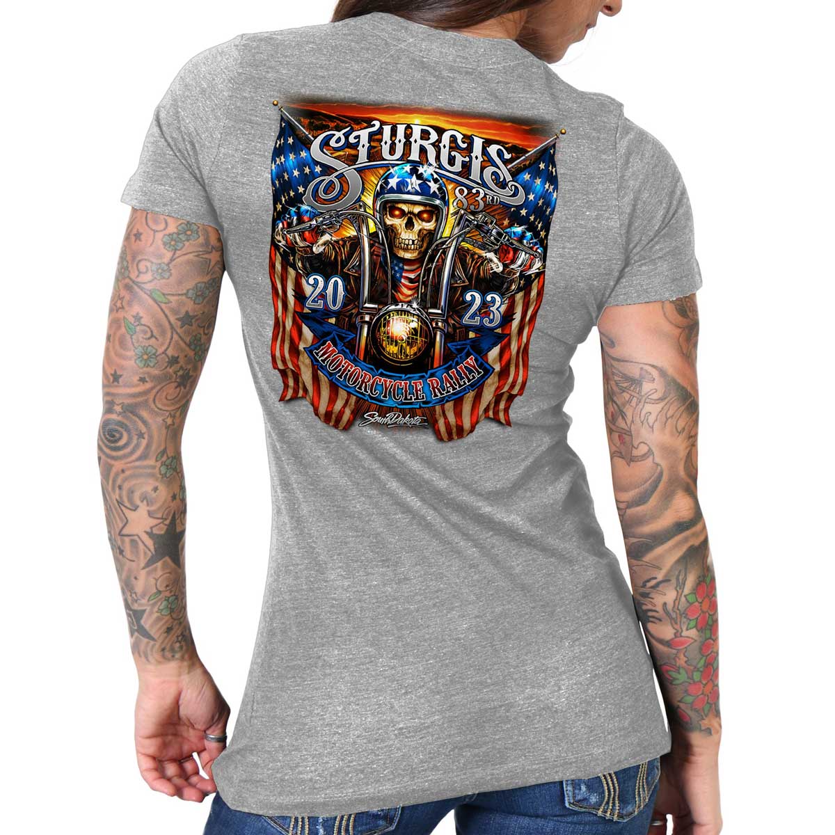 Hot Leathers SPL1824 Women’s Heather Gray 2023 Sturgis # 1 American Lady Double Sided T-Shirt
