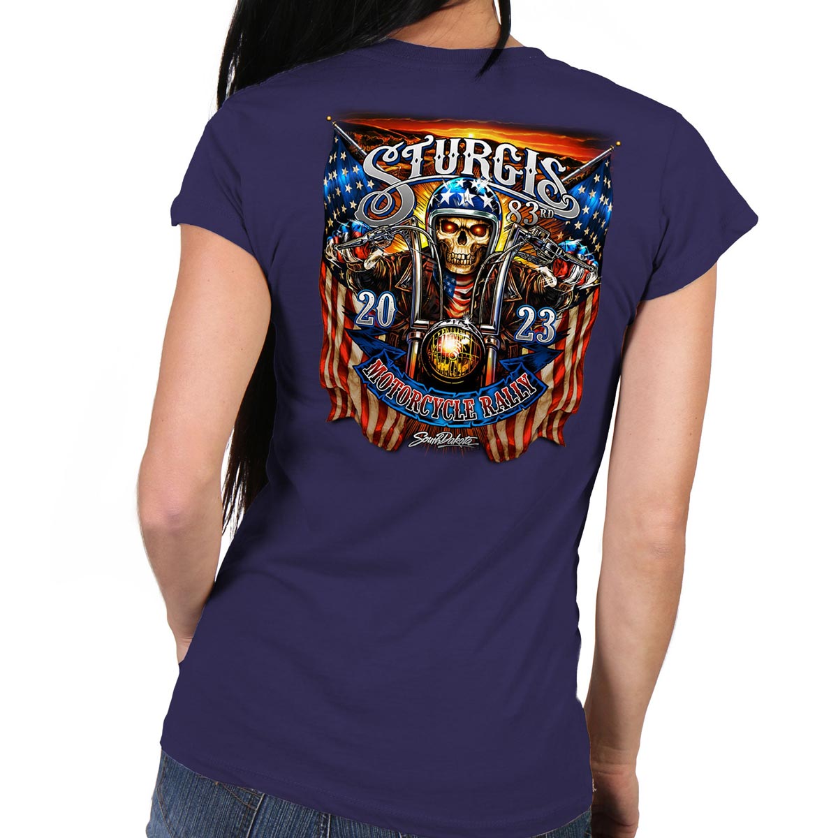 Hot Leathers SPL1825 Women’s Navy Blue 2023 Sturgis # 1 American Lady Double Sided T-Shirt