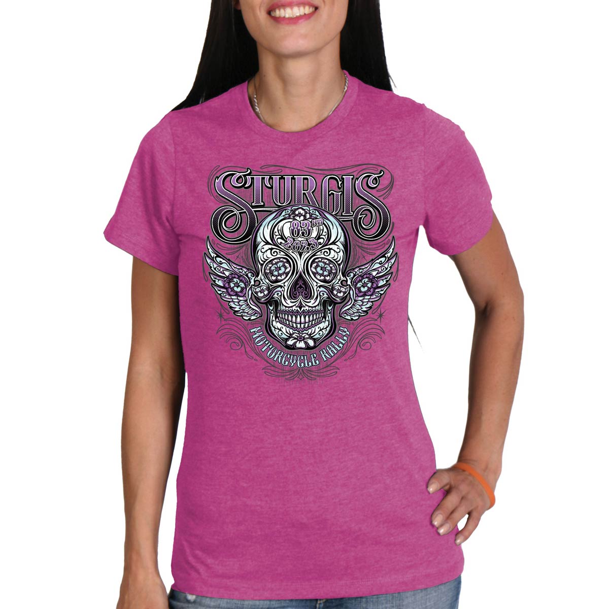 Hot Leathers SPL1828 Women’s Heather Pink 2023 Sturgis Antique Sugar Skull T-Shirt