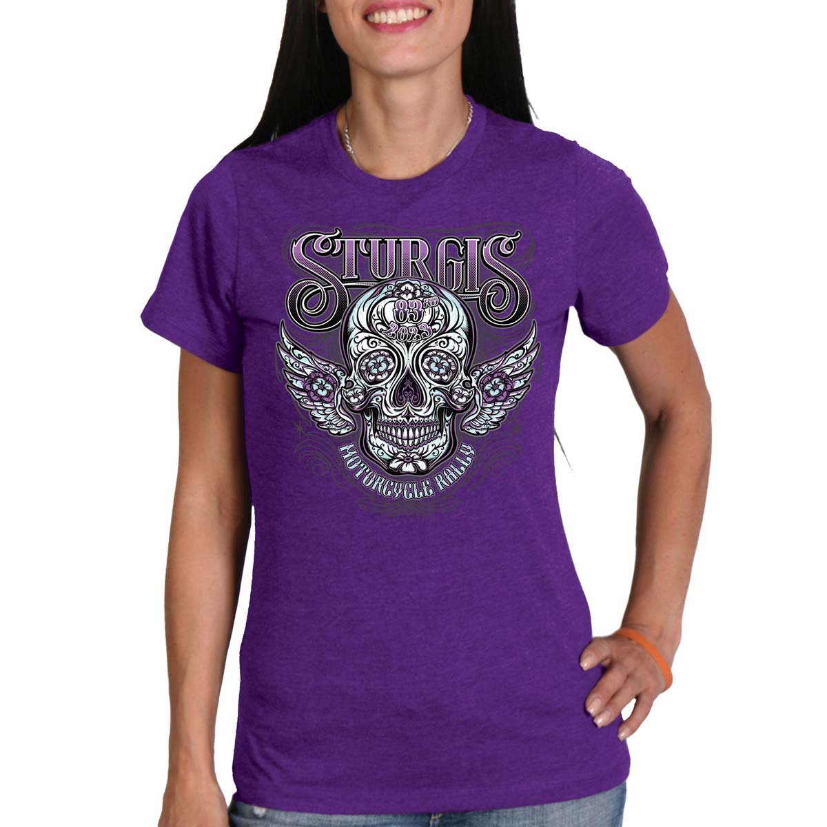 Hot Leathers SPL1829 Women’s Heather Purple 2023 Sturgis Antique Sugar Skull T-Shirt