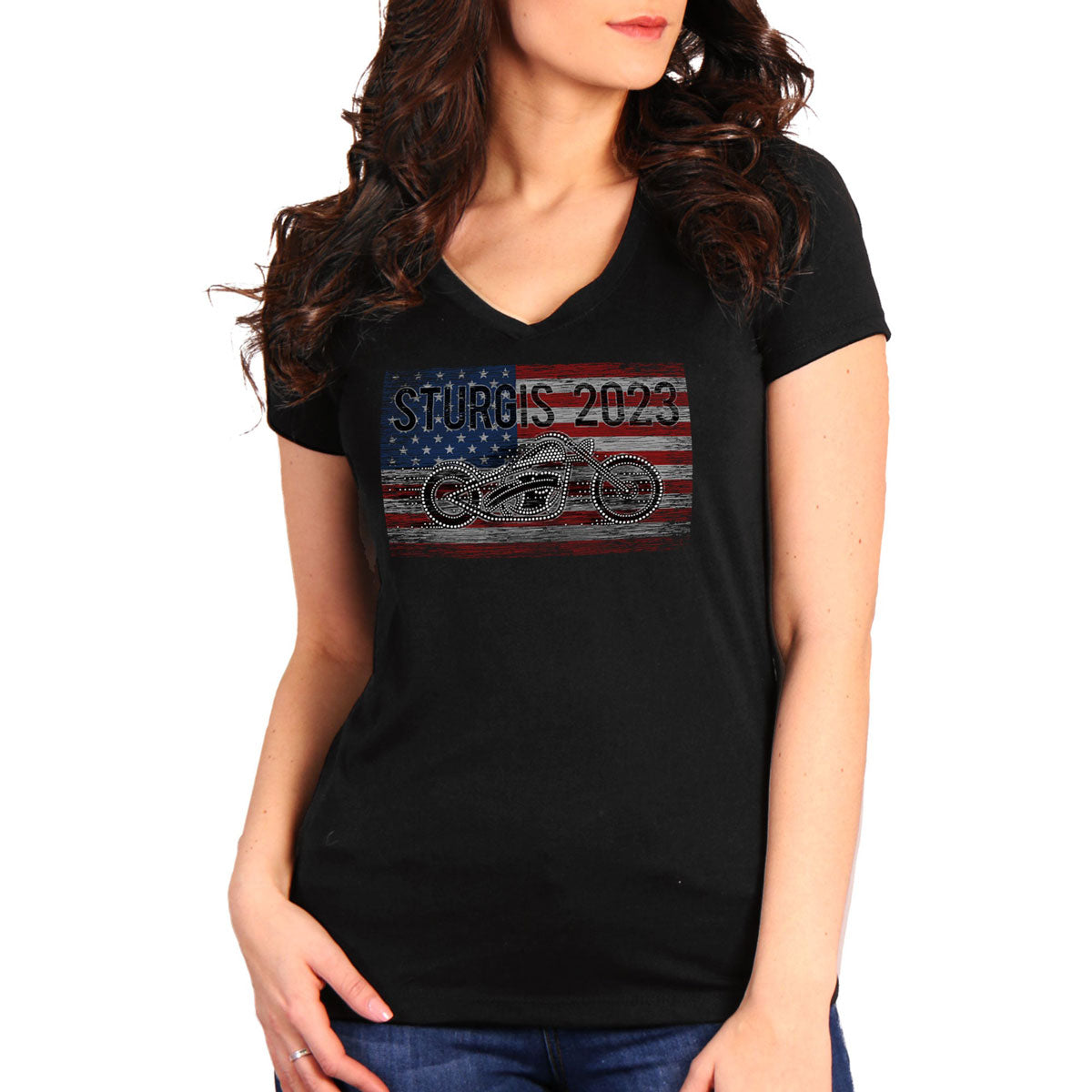 Hot Leathers SPL1831 Women’s Black 2023 Sturgis Motorcycle Rally Bling Bike T-Shirt