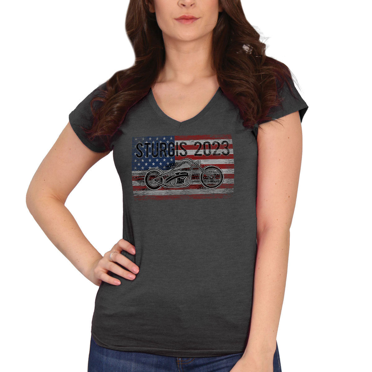 Hot Leathers SPL1832 Women’s Black Heather Dark Gray Sturgis Motorcycle Rally Bling Bike T-Shirt