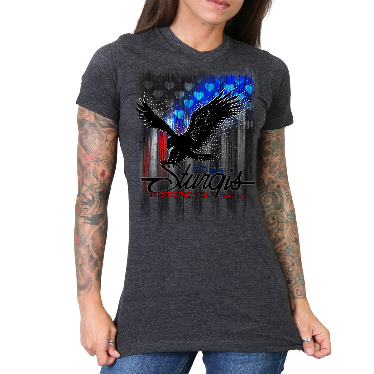 Hot Leathers SPL1836 Women’s Heather Charcoal 2023 Sturgis Bling Eagle T-Shirt