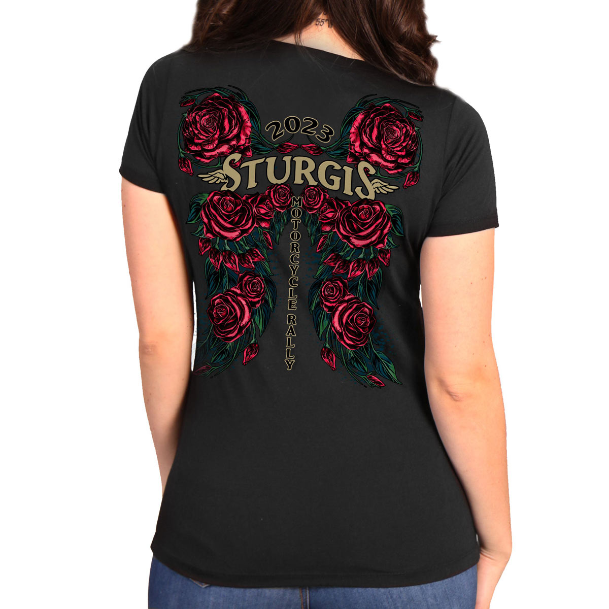 Hot Leathers SPL1848 Women’s Black 2023 Sturgis Rose Wings Short Sleeve T-Shirt