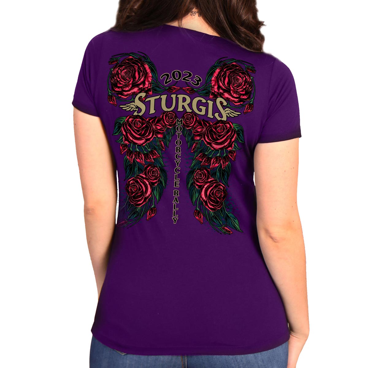 Hot Leathers SPL1849 Women’s Purple 2023 Sturgis Rose Wings Short Sleeve T-Shirt