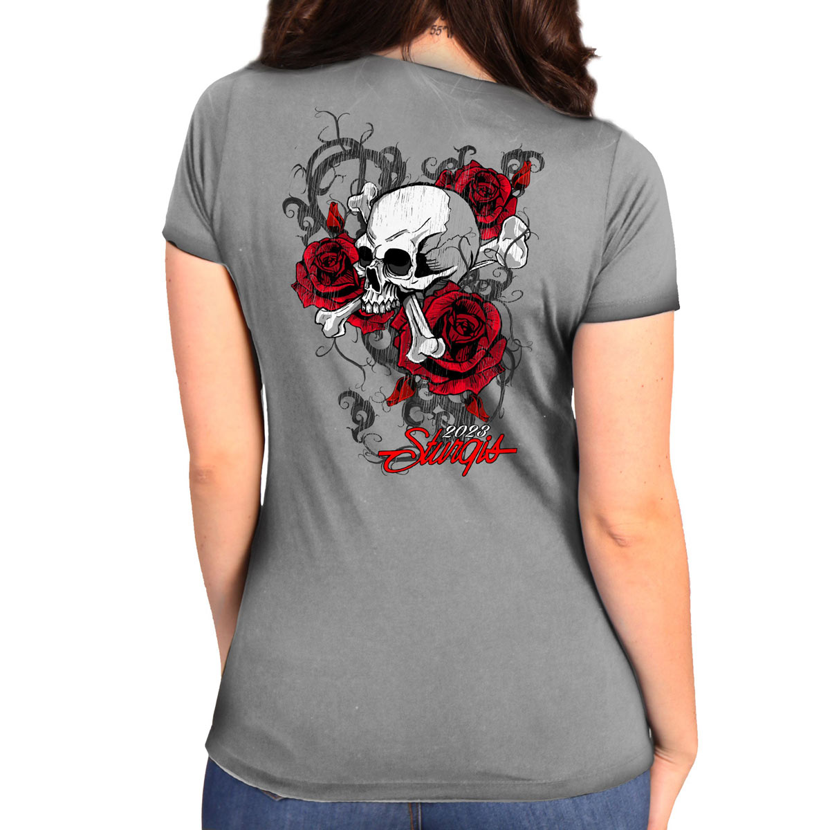 Hot Leathers SPL1857 Women’s Silver 2023 Sturgis Rally Skull Rose T-Shirt
