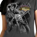 2025 Sturgis Women’s Motorcycle Rally #1 Ghost Rider Charcoal Ladies T-Shirt - Image 3