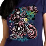 2025 Sturgis Women’s Motorcycle Rally Pink Lady Navy Ladies T-Shirt - Image 3