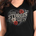 2025 Sturgis Women’s Motorcycle Rally Leather Wings Black Ladies T-Shirt - Image 3