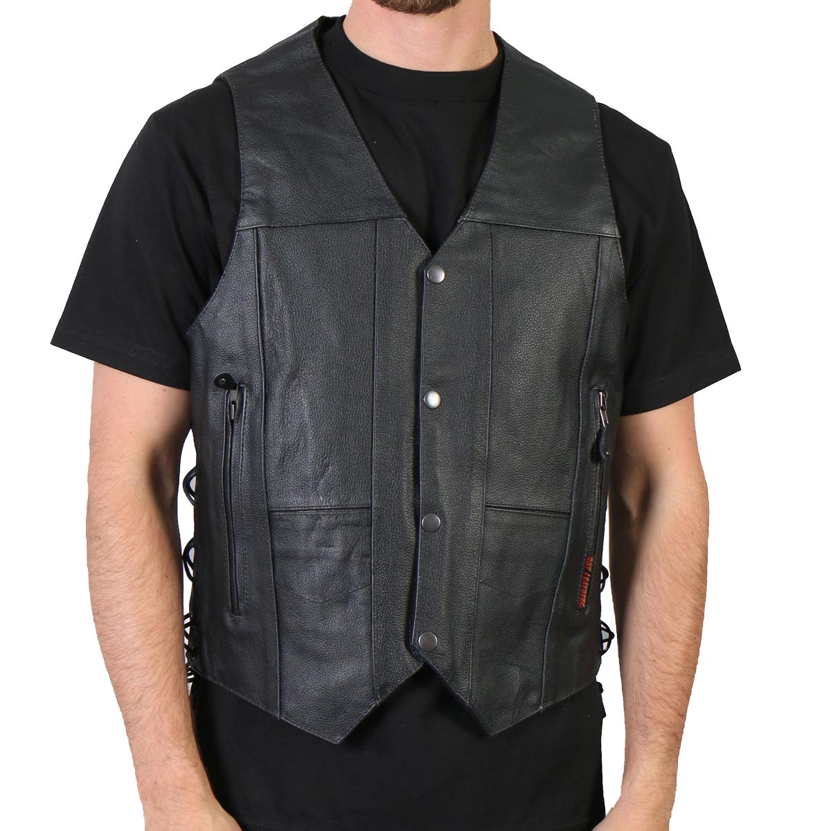 Hot Leathers VSM1017 Men’s Black ’10 Pocket’ Leather Vest with Side Laces