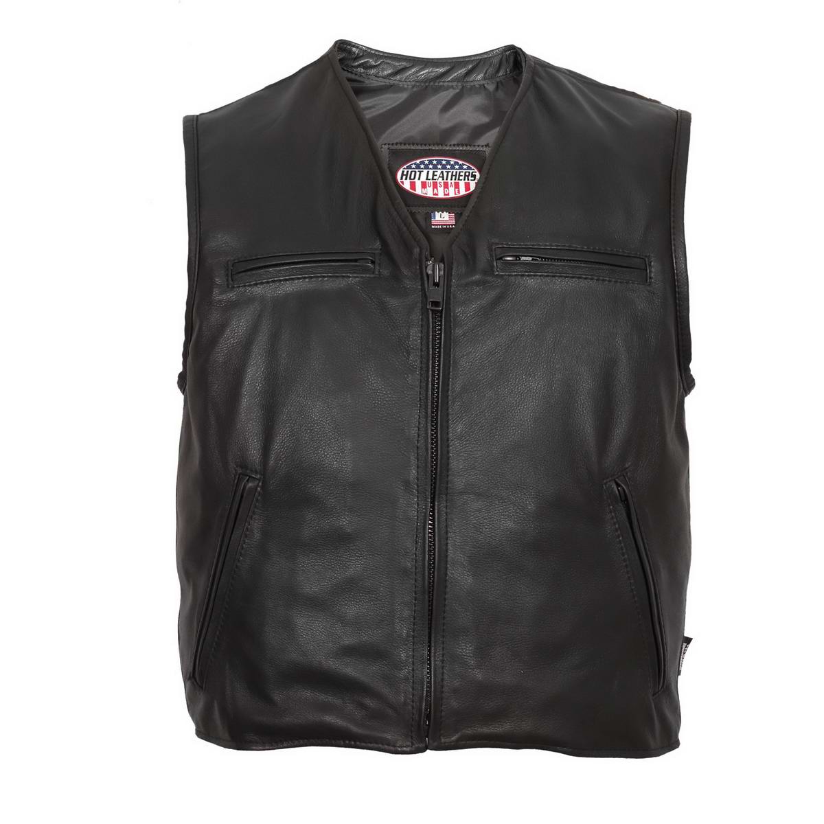 Hot Leathers VSM5009 USA Made Men’s Black V-Neck Premium Leather Zippered Motorcycle Rider Vest