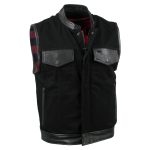 Hot Leathers VSM5101 USA Made Men’s ‘Burn Out’ Black Denim and Leather Vest with Plaid Red Lining