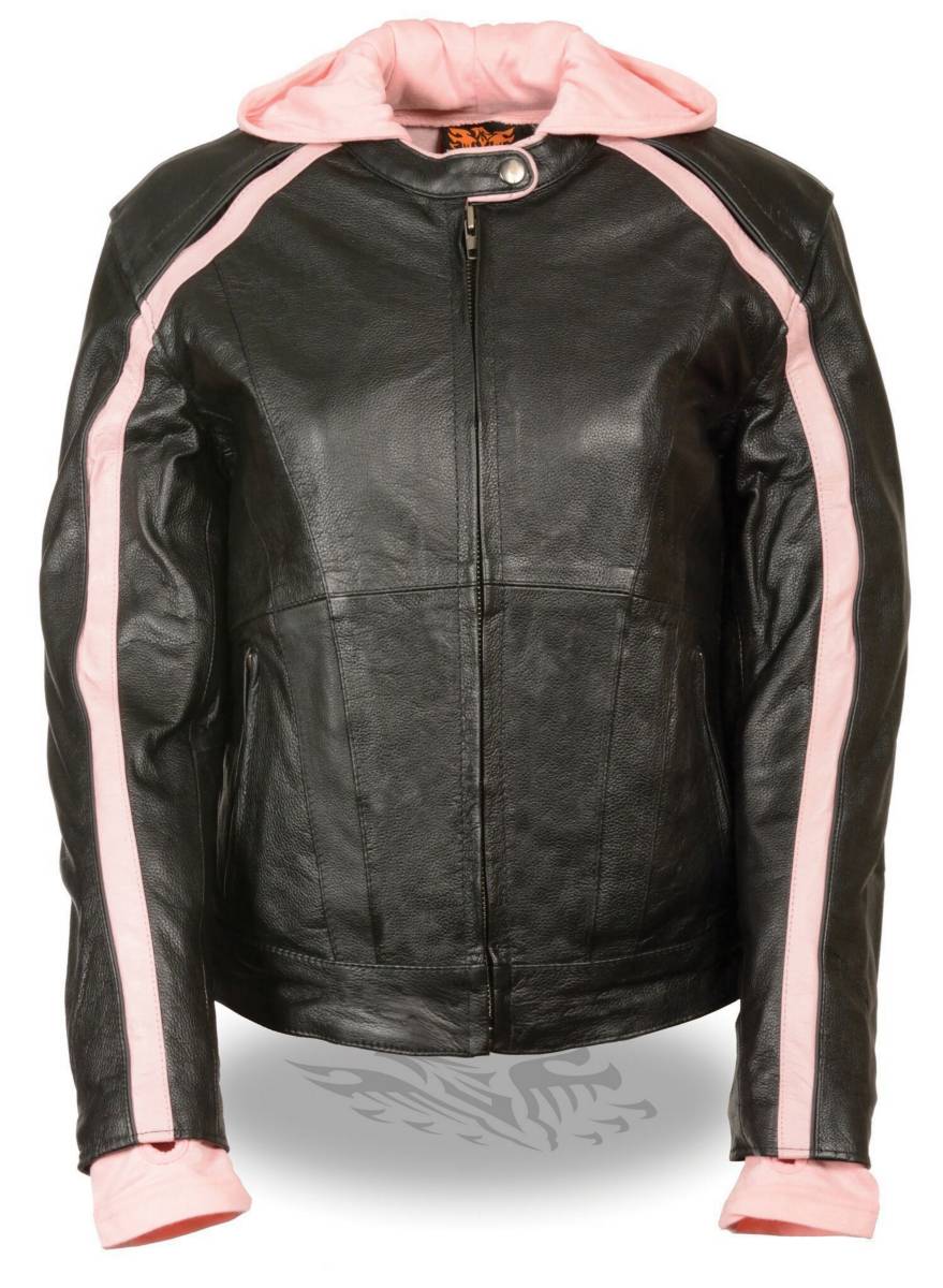 Milwaukee Leather SH1951 Women’s Black and Pink Striped Leather Jacket with Zip-Out Hoodie