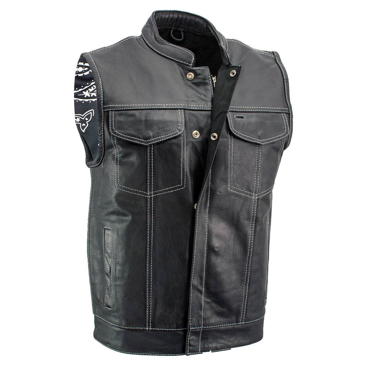 Milwaukee Leather LKM3781 Men’s Black Premium Leather Motorcycle Biker Rider Vest w/ White Stitching and Paisley Liner