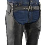 Men’s XS406 Classic Black Braided Thermal Lined Leather Motorcycle Chaps with Outside Flap Pocket - Image 2
