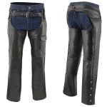 Men’s XS406 Classic Black Braided Thermal Lined Leather Motorcycle Chaps with Outside Flap Pocket - Image 7
