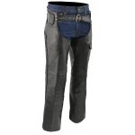 Men’s XS406 Classic Black Braided Thermal Lined Leather Motorcycle Chaps with Outside Flap Pocket
